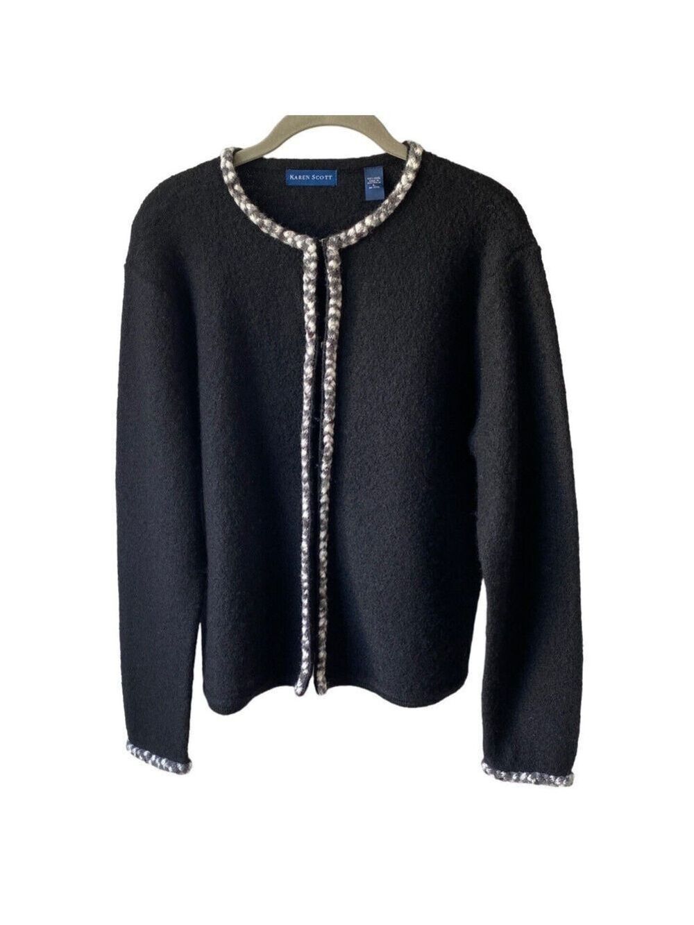 Vintage 90s Karen Scott Sz L Australian Wool Sweater Black Braided Gray Trim